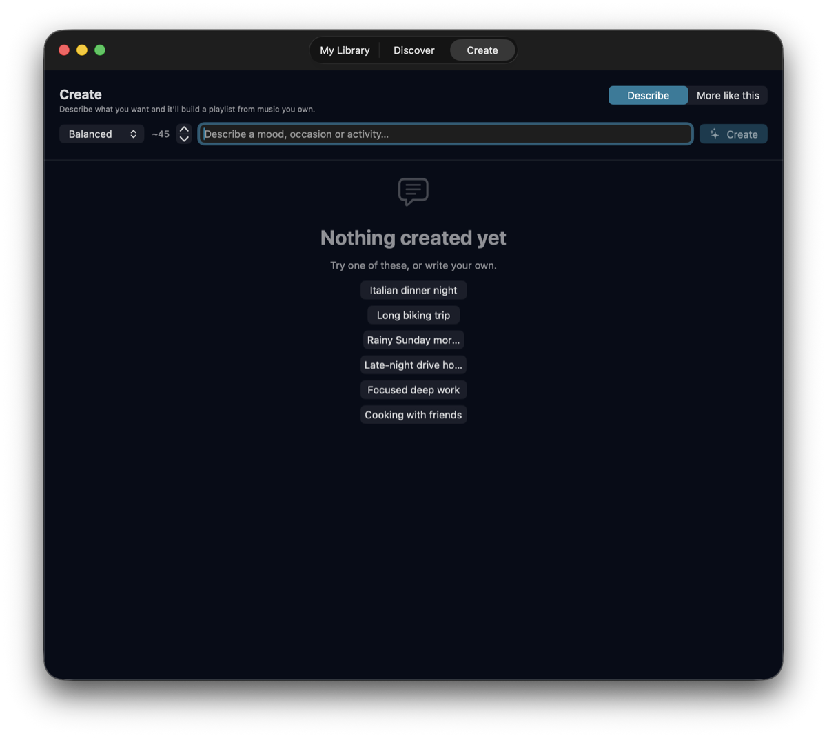 The Create tab with a text field reading Describe a mood, occasion or activity, above suggestions like Italian dinner night and Long biking trip