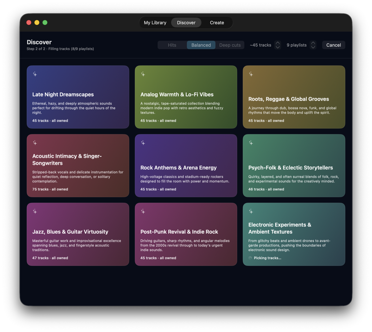 The Discover tab with nine generated playlists, each tile showing a theme name, description and track count; the last is still picking tracks
