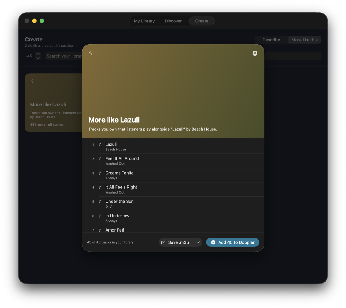 A More like this playlist open in detail, built from one seed track and listing tracks the user owns