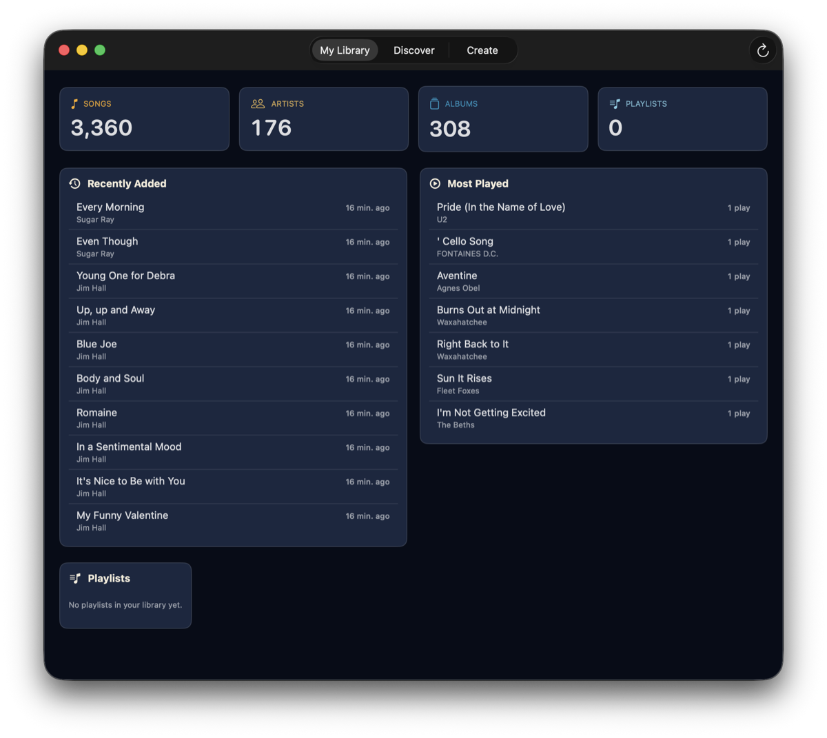 The My Library tab showing library counts, recently added tracks and most played tracks