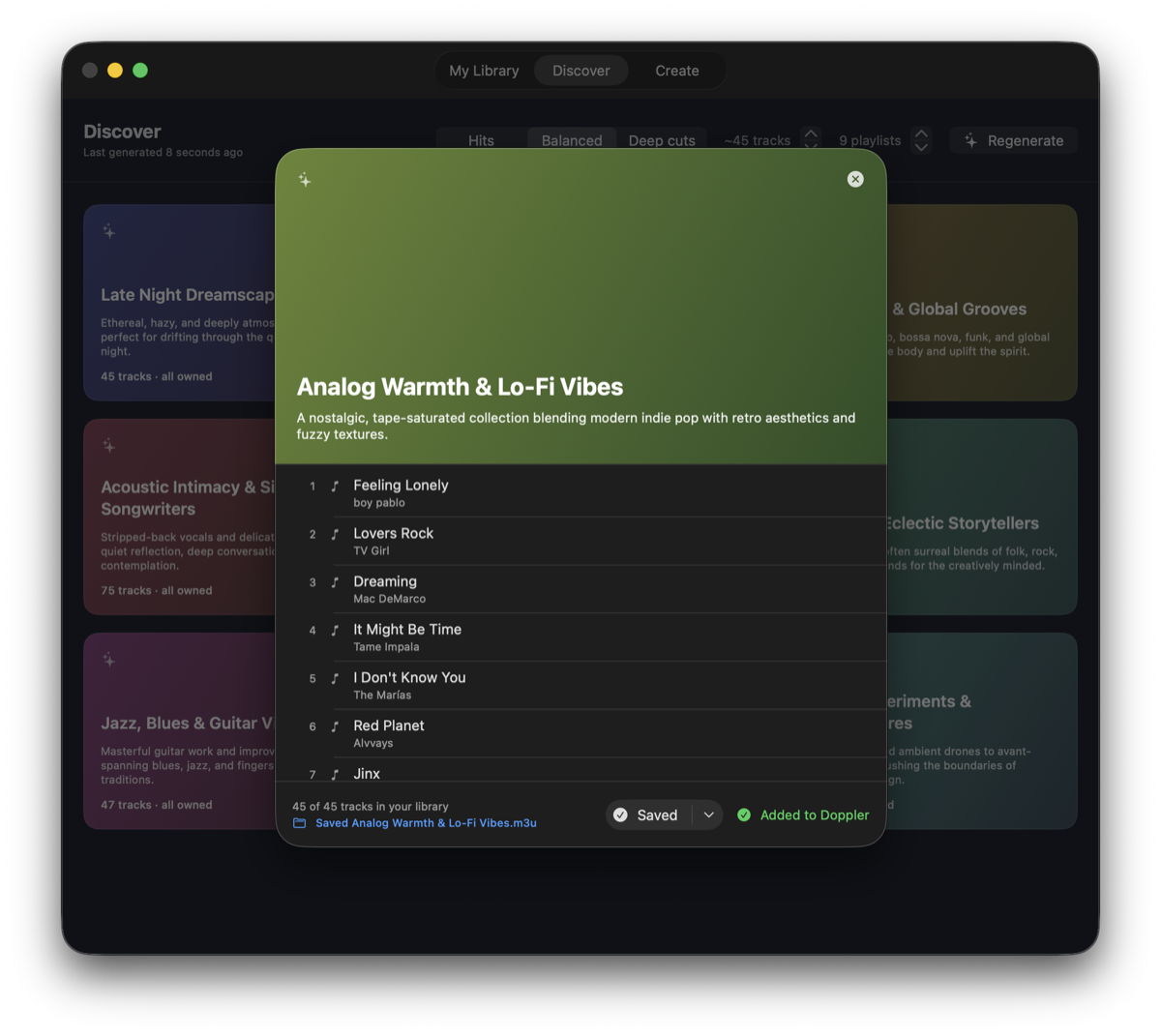 A generated playlist open in detail, listing its tracks, marked Saved and Added to Doppler