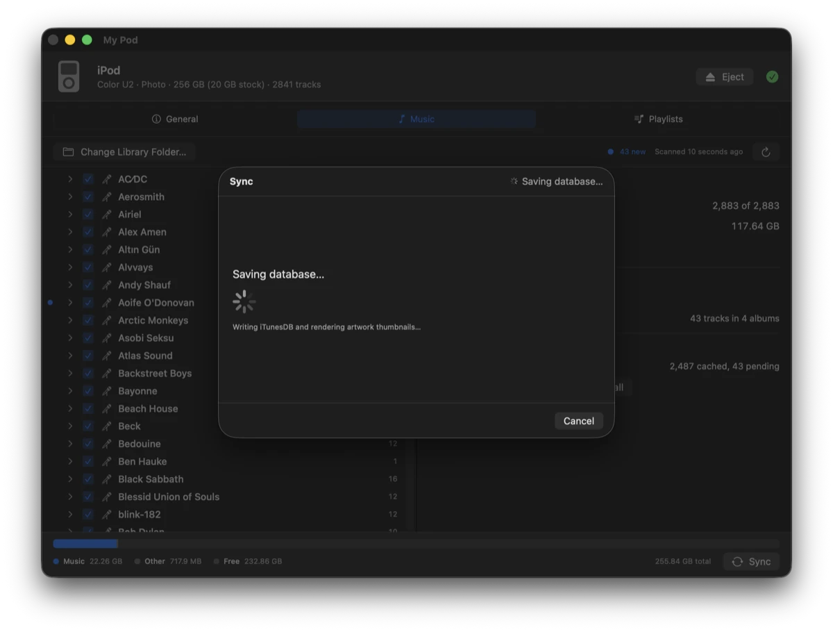 The saving phase, writing the iTunes database and rendering artwork thumbnails.