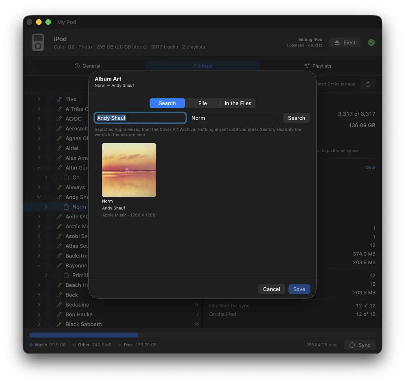 The Album Art sheet over the Music tab, searching by artist and album for Norm by Andy Shauf, with one result found on Apple Music at 1200 by 1200 pixels, and File and In the Files tabs alongside Search.