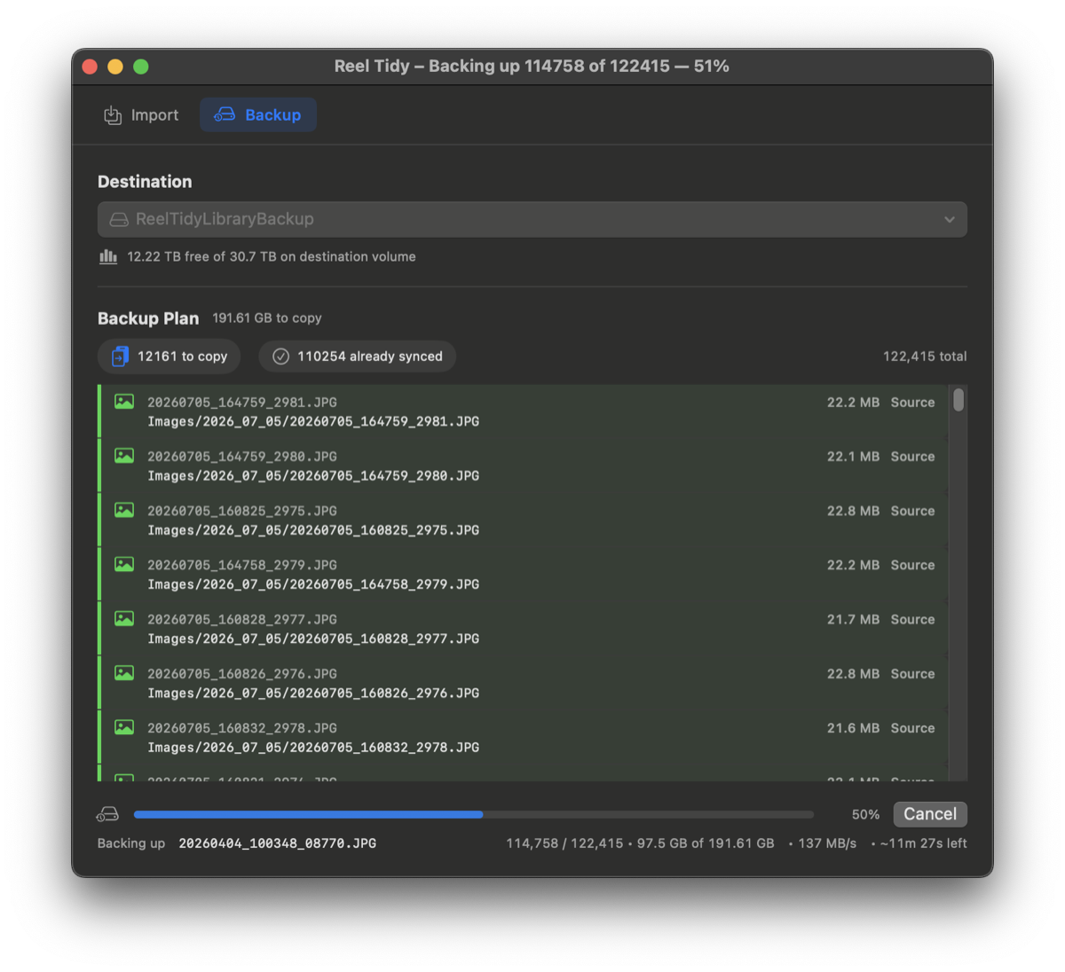 The Backup tab midway through a run, backing up 114,758 of 122,415 files at 137 MB/s. A counter shows 12,161 files still to copy against 110,254 already synced from previous runs.