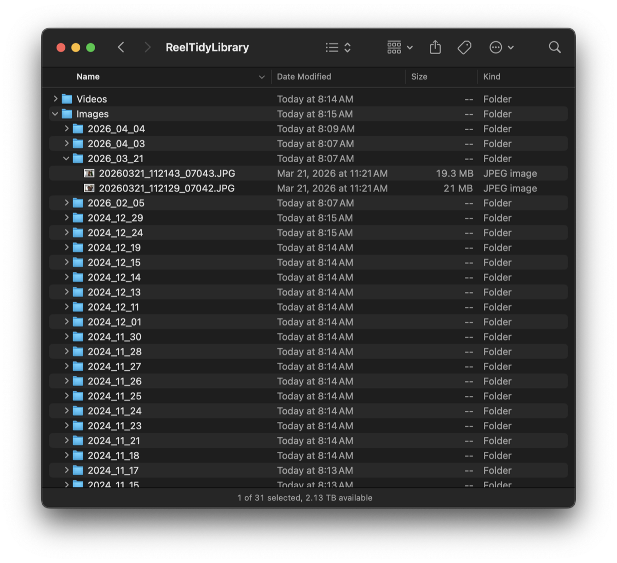 A Finder window showing the resulting library: top-level Videos and Images folders, with Images expanded into date folders such as 2026_04_04 and 2026_03_21, each holding files named like 20260321_112143_07043.JPG.
